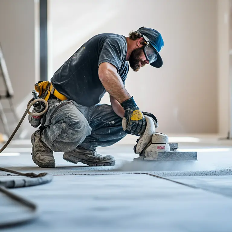 Technician grinding concrete floor for renovation and property maintenance in Perth